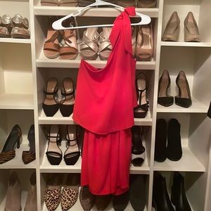 Pink lily one shoulder red romper with pockets!!